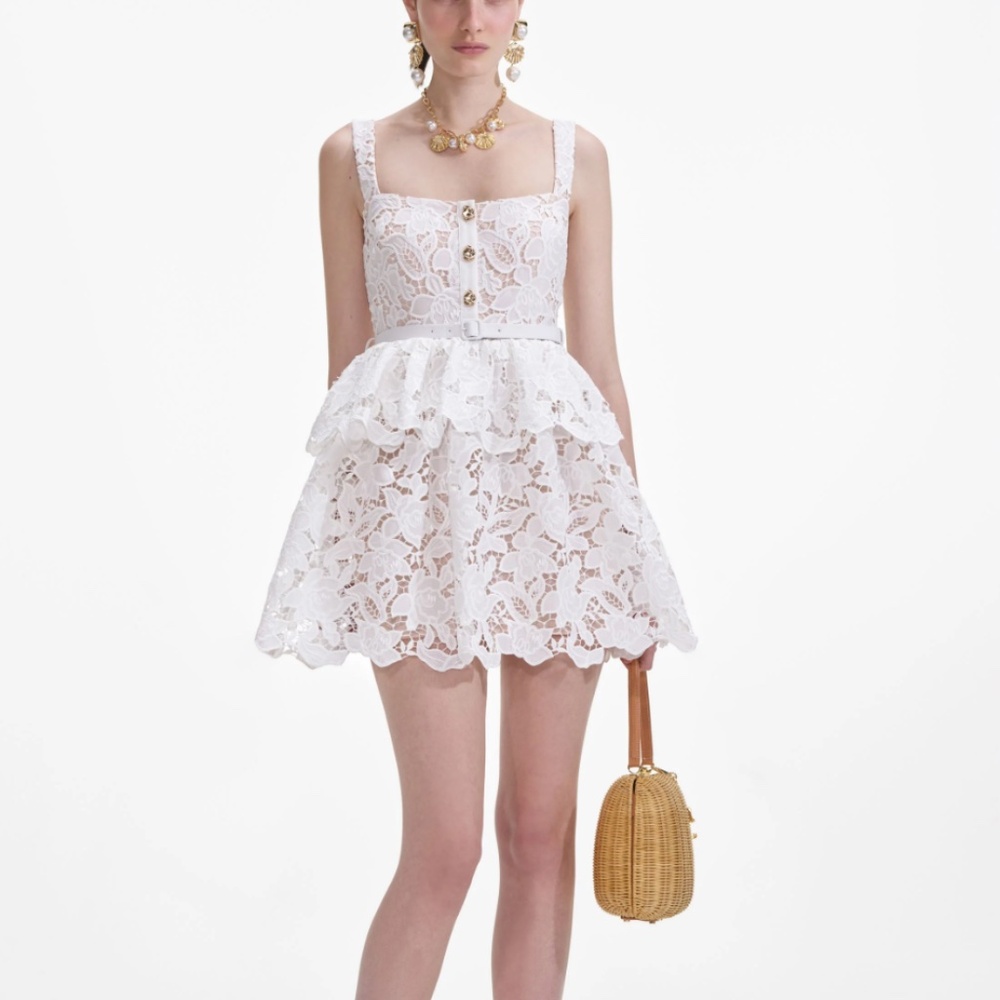 self-portrait White Lace Tiered Mini Dress - Size US6 - MSRP $495 - NWT